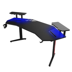 Gamer asztal, ívelt, 180 cm, fekete, vezeték nélküli töltés