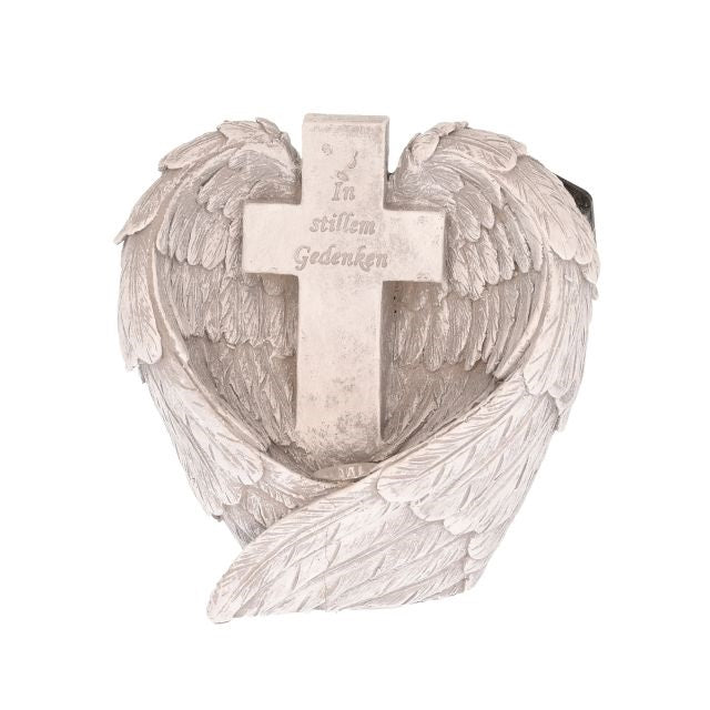 Kegyeleti angyal szárny szívvel, kereszttel LED-es poly 14x10x12 cm szürke
