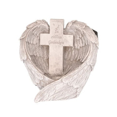 Kegyeleti angyal szárny szívvel, kereszttel LED-es poly 14x10x12 cm szürke