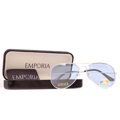 Emporia Italy - Pilóta Napszemüveg "ICE", polarizált UV szűrős napszemüveg tokkal és tisztítókendővel, világoskék lencsék, ezüst színű keret